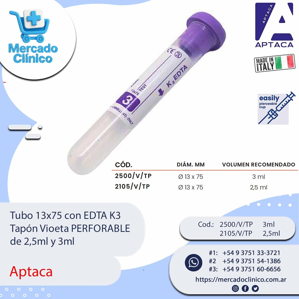 Tubo 13x75 con EDTA K3  Tapón Vioeta PERFORABLE de 2,5ml y 3ml - Aptaca