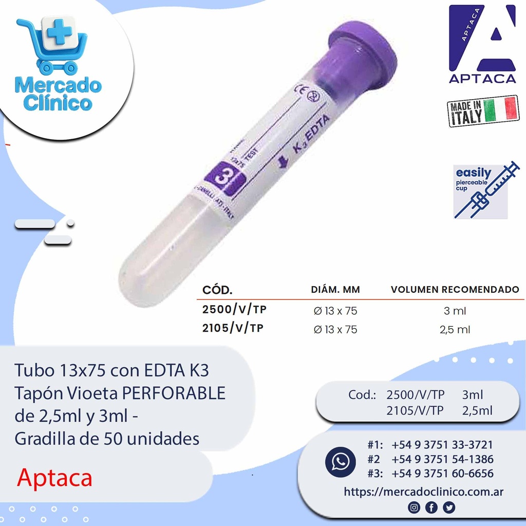 Tubo 13x75 con EDTA K3  Tapón Vioeta PERFORABLE de 2,5ml y 3ml - Gradilla de 50 Unidades - Aptaca