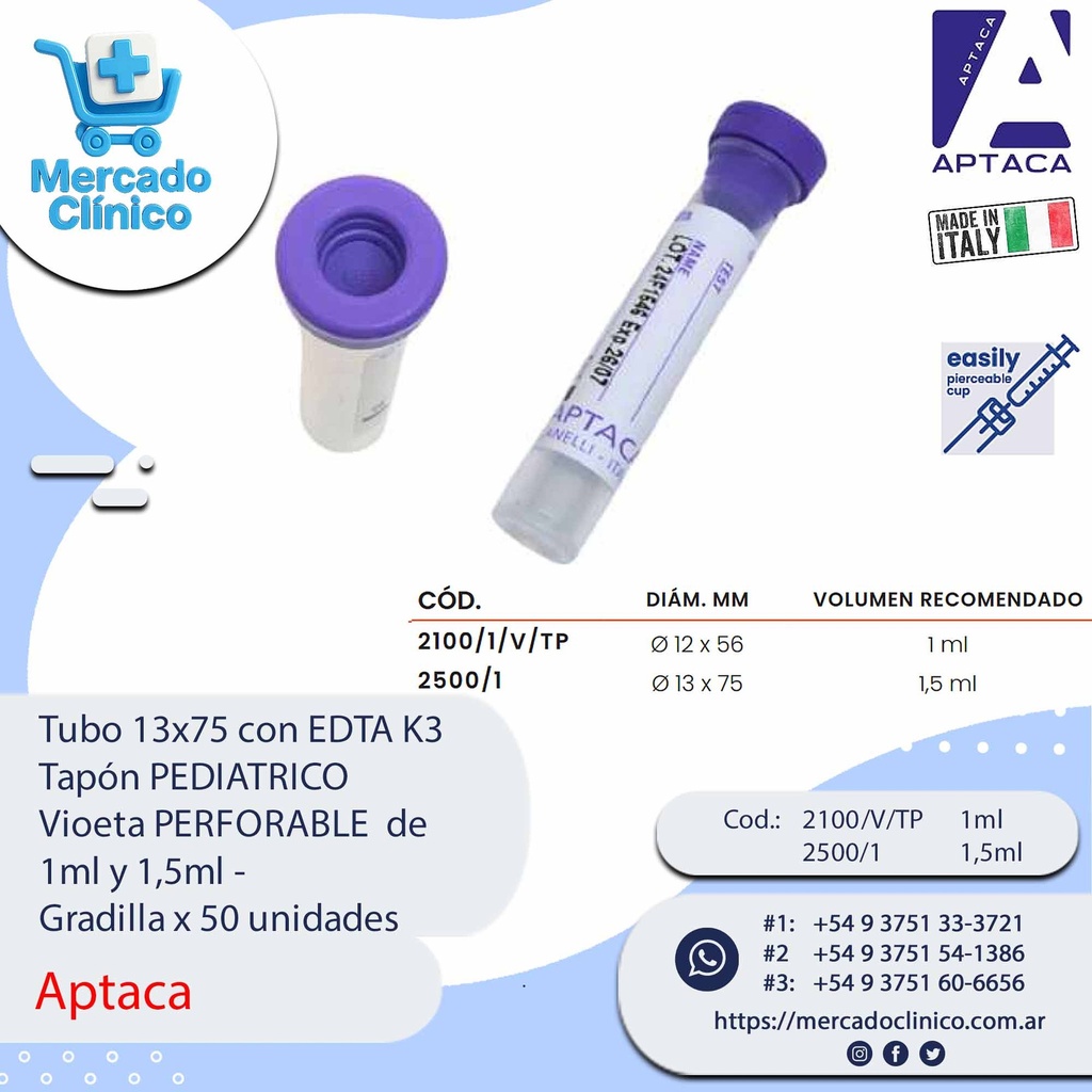 Tubo 13x75 con EDTA K3  Tapón PEDIATRICO  Vioeta PERFORABLE de 1ml y 1,5ml  - Gradilla x 50 unidades - Aptaca