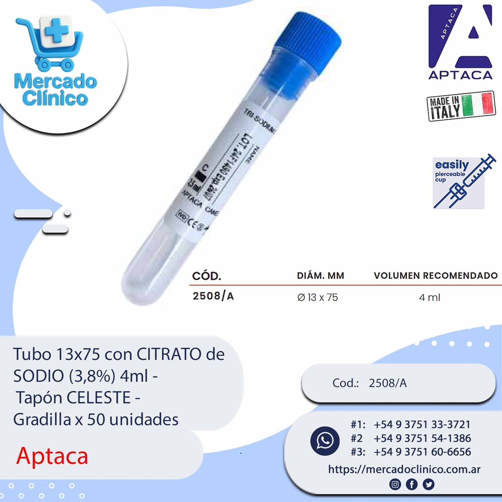 Tubo 13x75 con CITRATO de  SODIO (3,8%) 4ml -  Tapón CELESTE -  Gradilla x 50 unidades - Aptaca