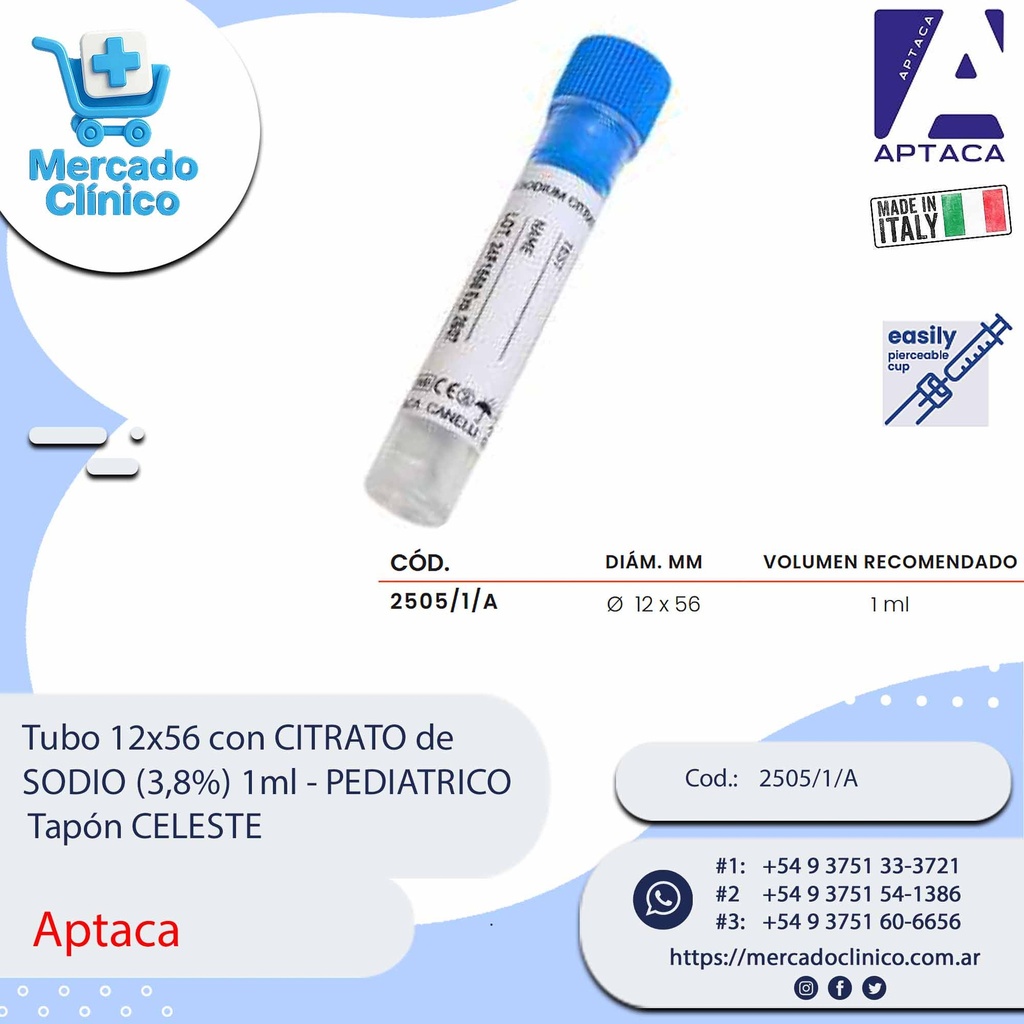 Tubo 12x56 con CITRATO de  SODIO (3,8%) 1ml - PEDIATRICO  Tapón CELESTE - Aptaca