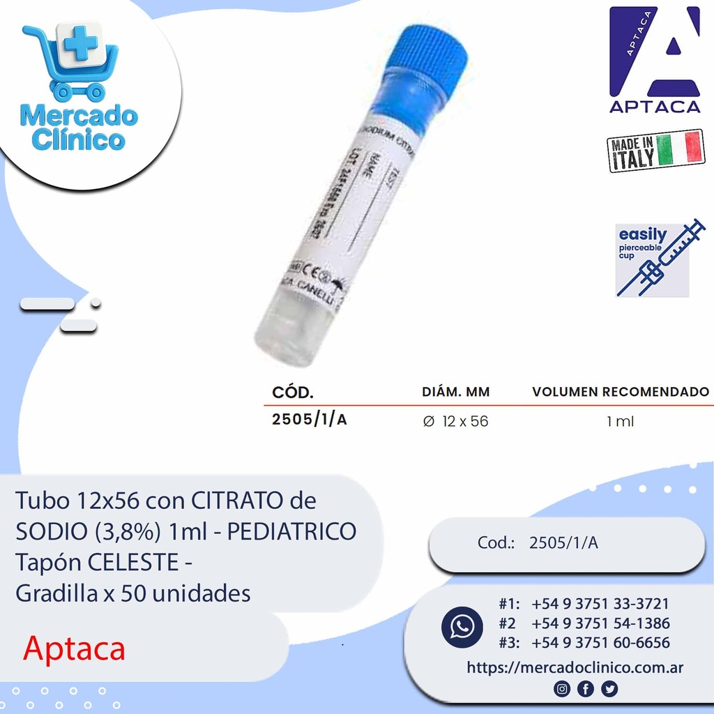 Tubo 12x56 con CITRATO de  SODIO (3,8%) 1ml - PEDIATRICO Tapón CELESTE -  Gradilla x 50 unidades - Aptaca