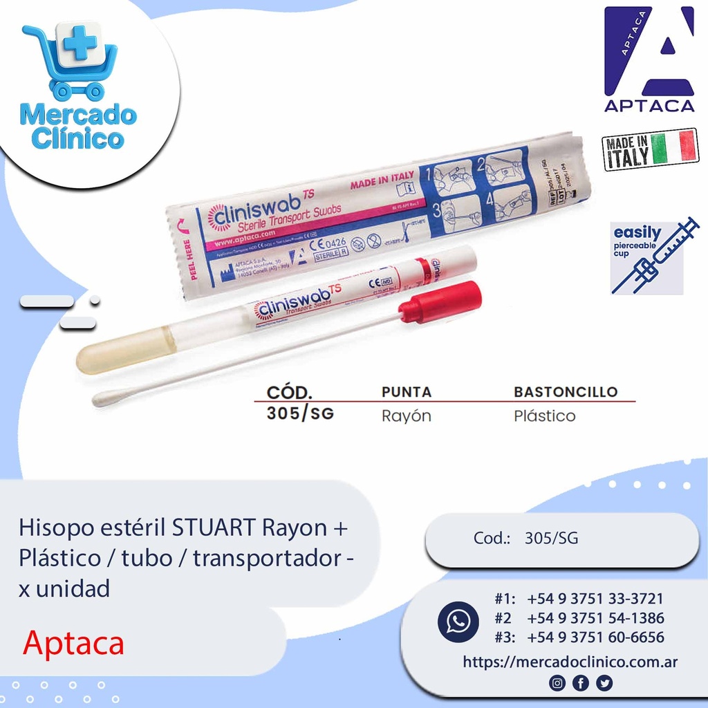 Hisopo estéril STUART Rayon +  Plástico / tubo / transportador - x unidad - Aptaca