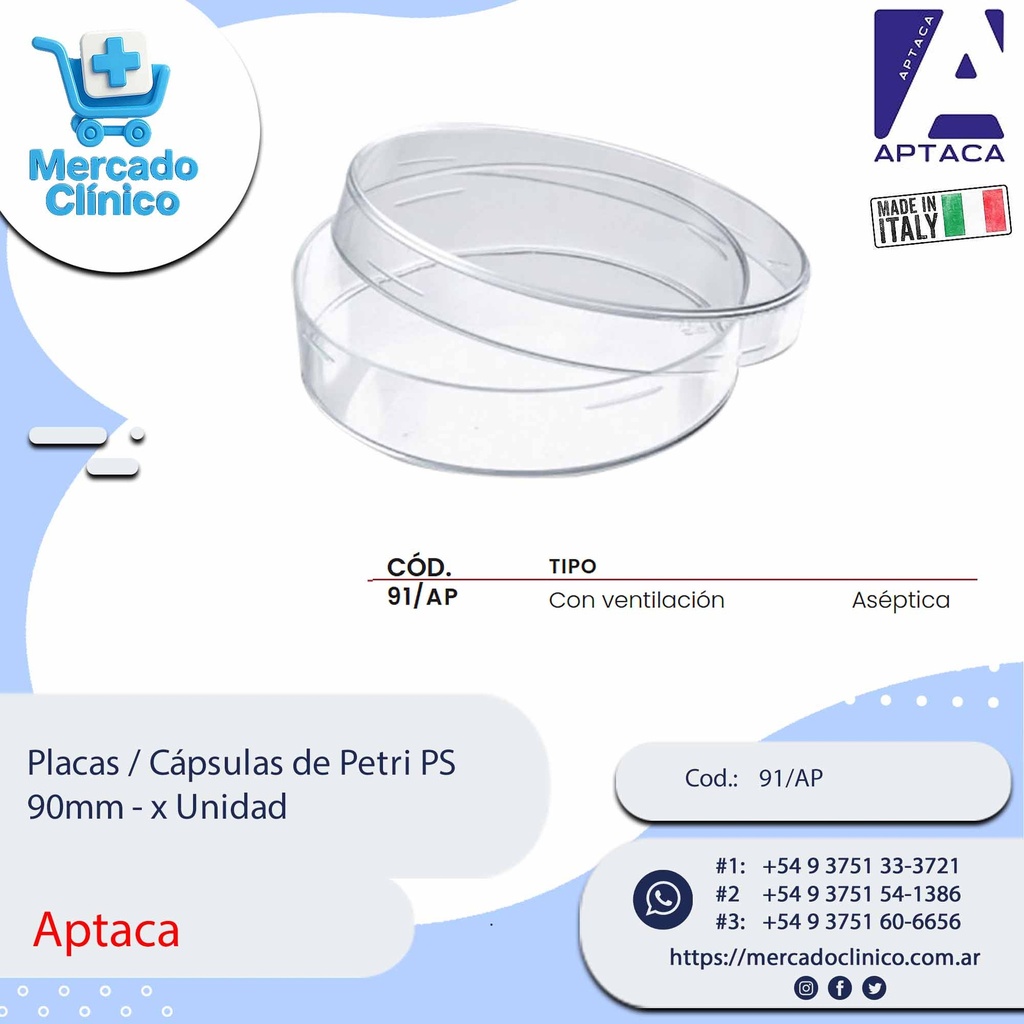 Placas / Cápsulas de Petri PS 90mm - X unidad - Aptaca