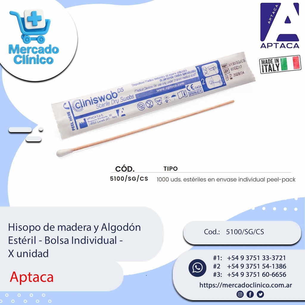 Hisopo de madera y Algodón Estéril - Bolsa Individual - Aptaca