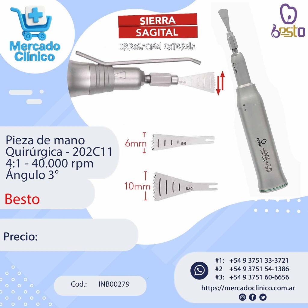 Pieza de mano  Quirúrgica - 202C11 4:1 - 40.000 rpm Ángulo 3° - Besto