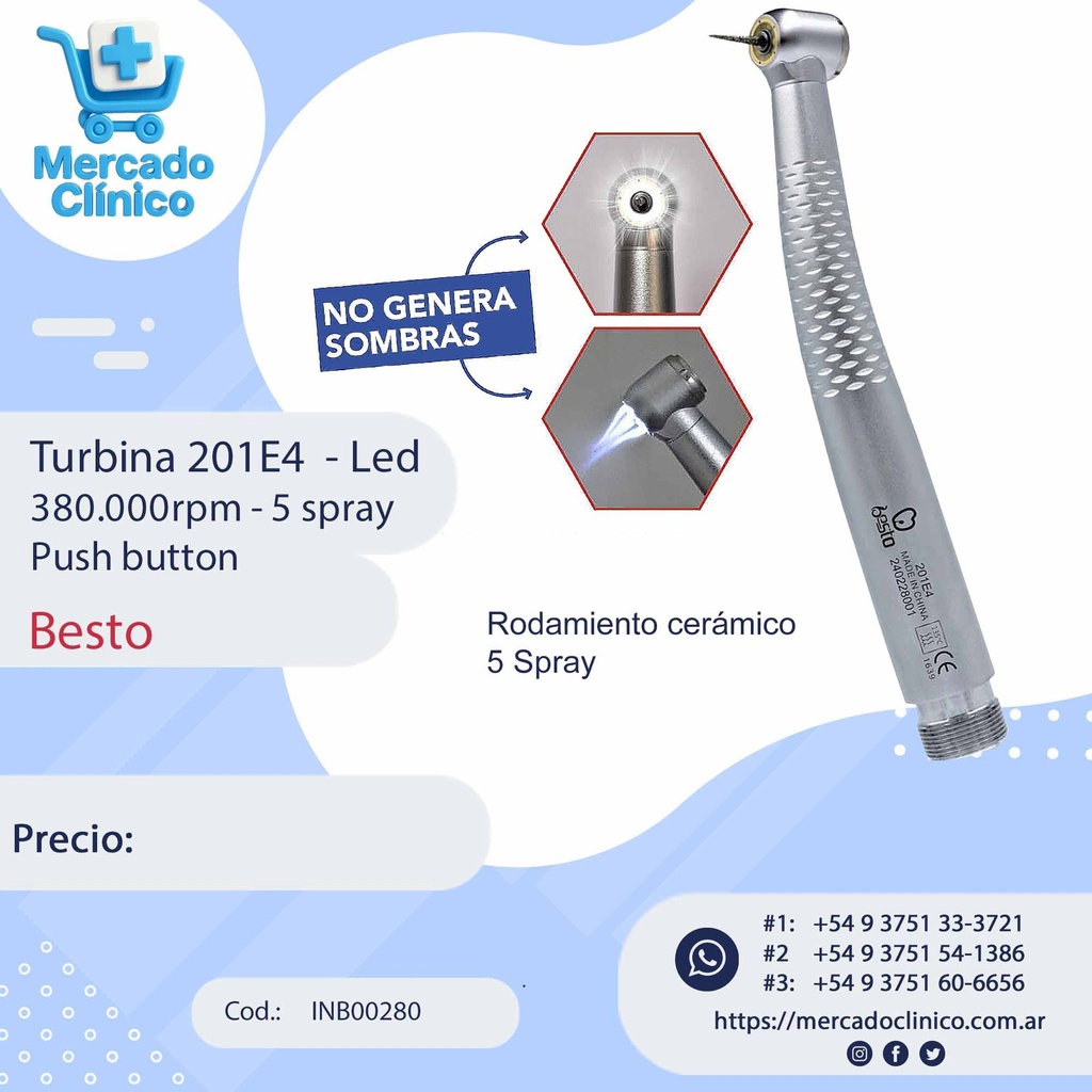 Turbina 201E4  - Led 380.000rpm - 5 spray Push button - Besto