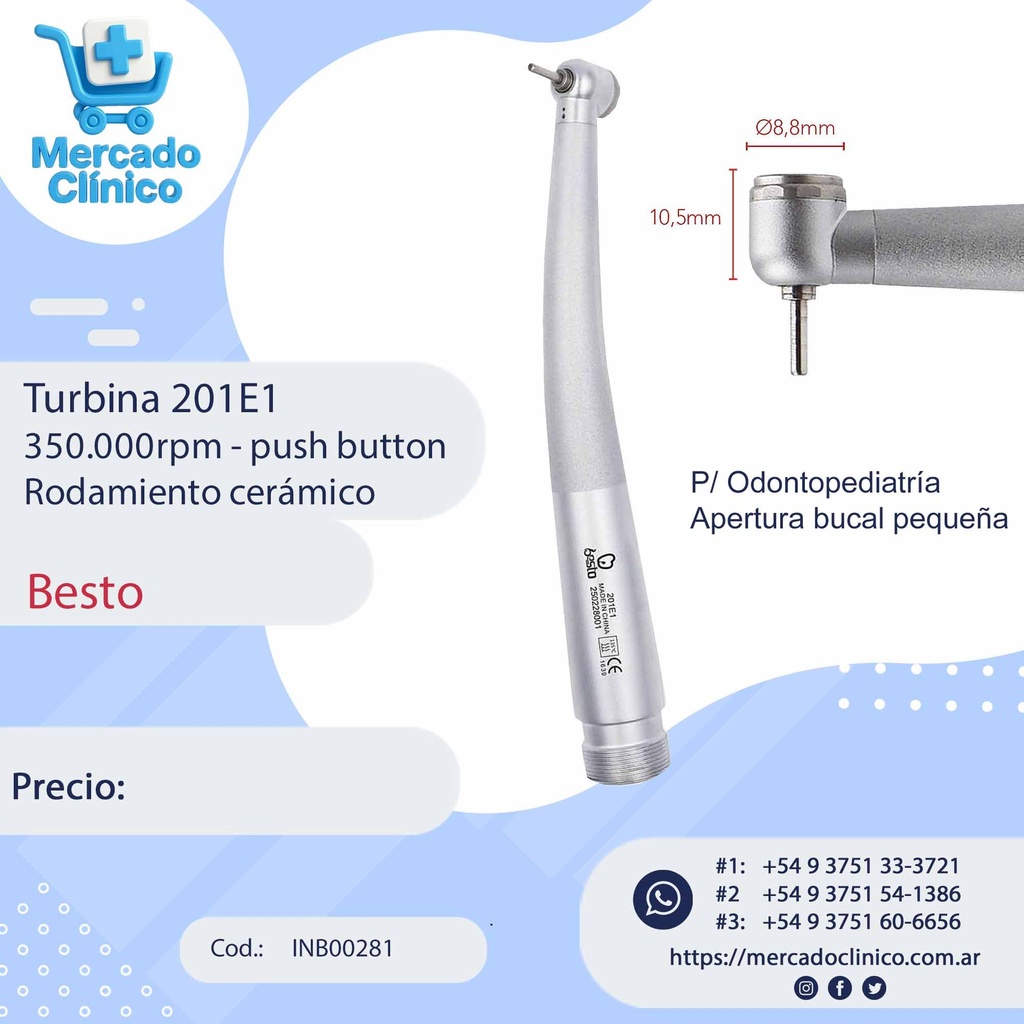 Turbina 201E1 - Cabezal mini - 350.000rpm - push button - Rodamiento cerámico - Besto
