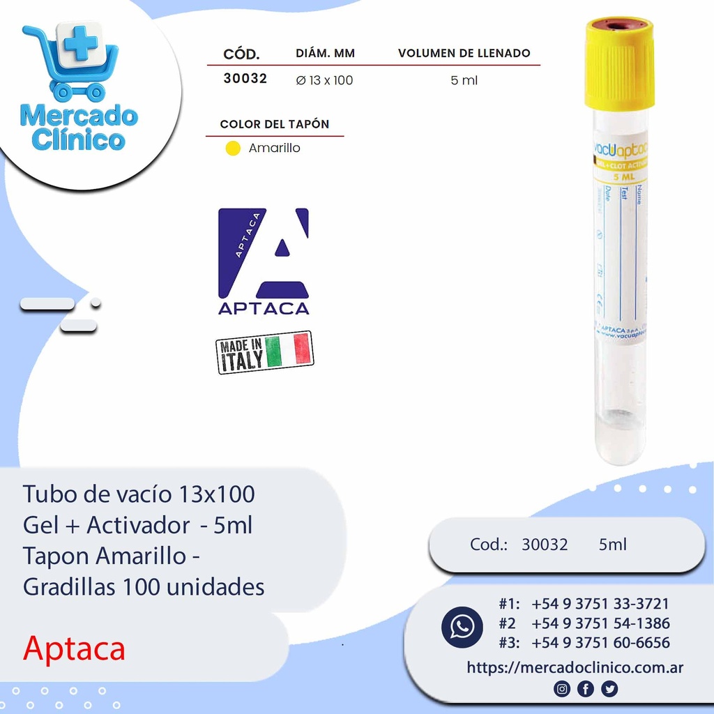 Tubo de vacío 13x100  Gel + Activador  - 5ml  Tapon Amarillo -  Gradillas 100 unidades - Aptaca