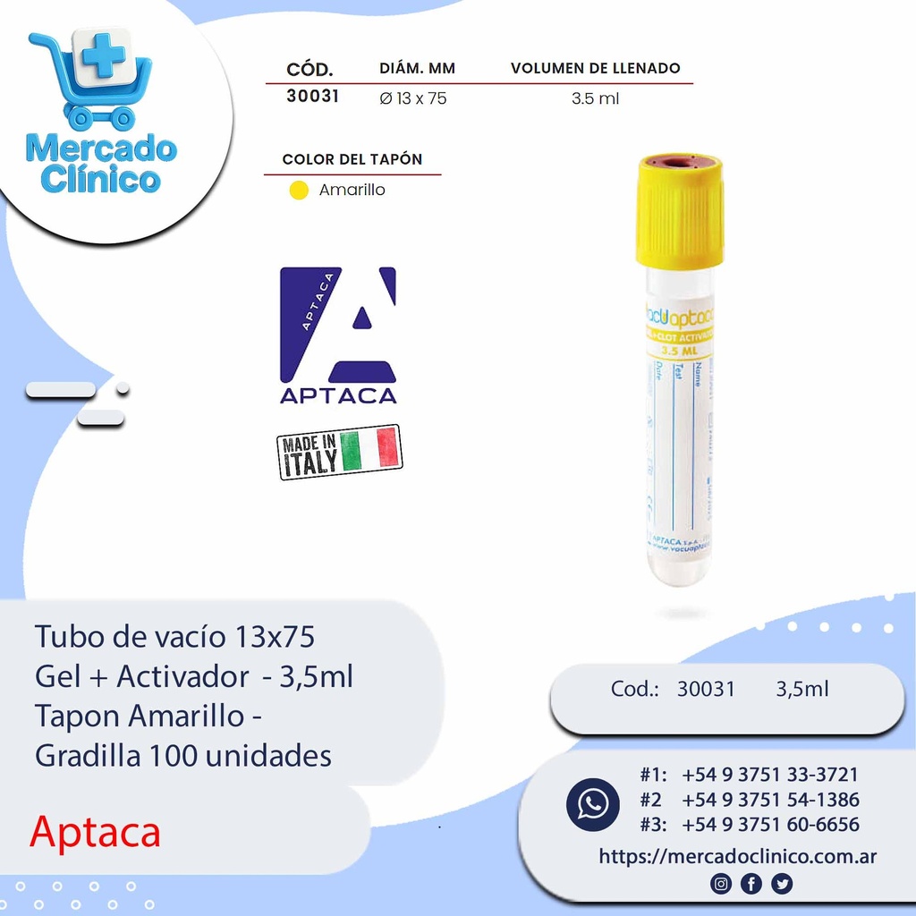 Tubo de vacío 13x75  Gel + Activador - 3,5ml -  Tapon Amarillo -  Gradilla 100 unidades - Aptaca