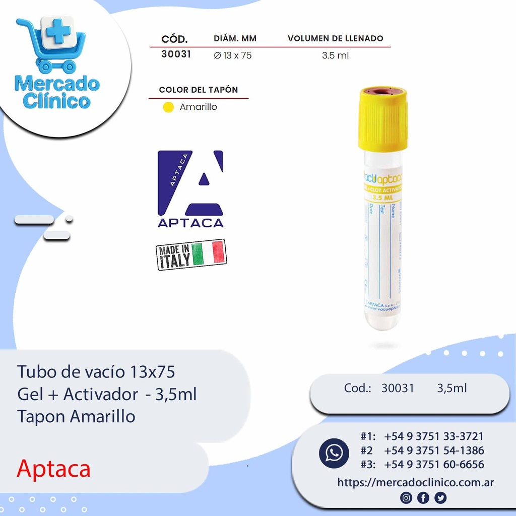 Tubo de vacío 13x75  Gel + Activador - 3,5ml -  Tapon Amarillo - Aptaca
