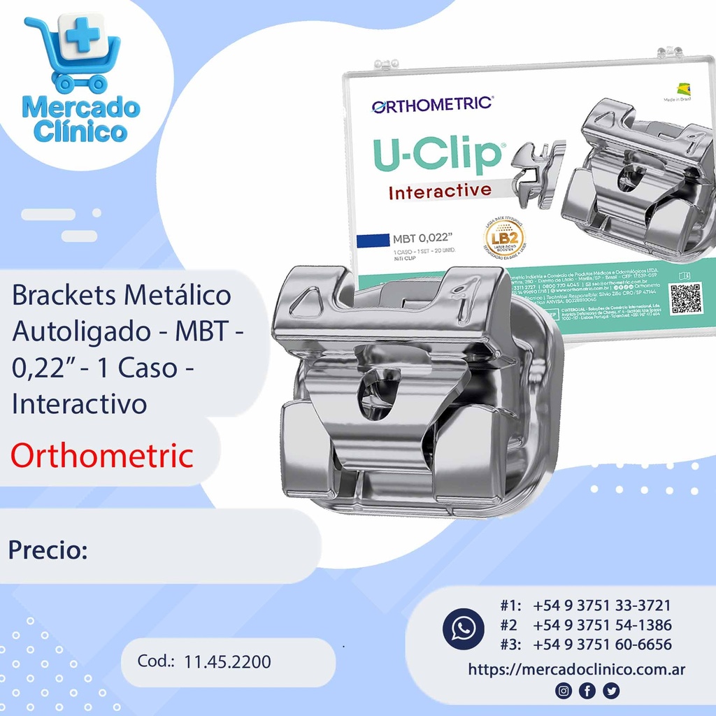 Bracket U-Clip - Autoligante- Interactive - MBT , Slot 0,22 - 1 caso - ORTHOMETRIC 