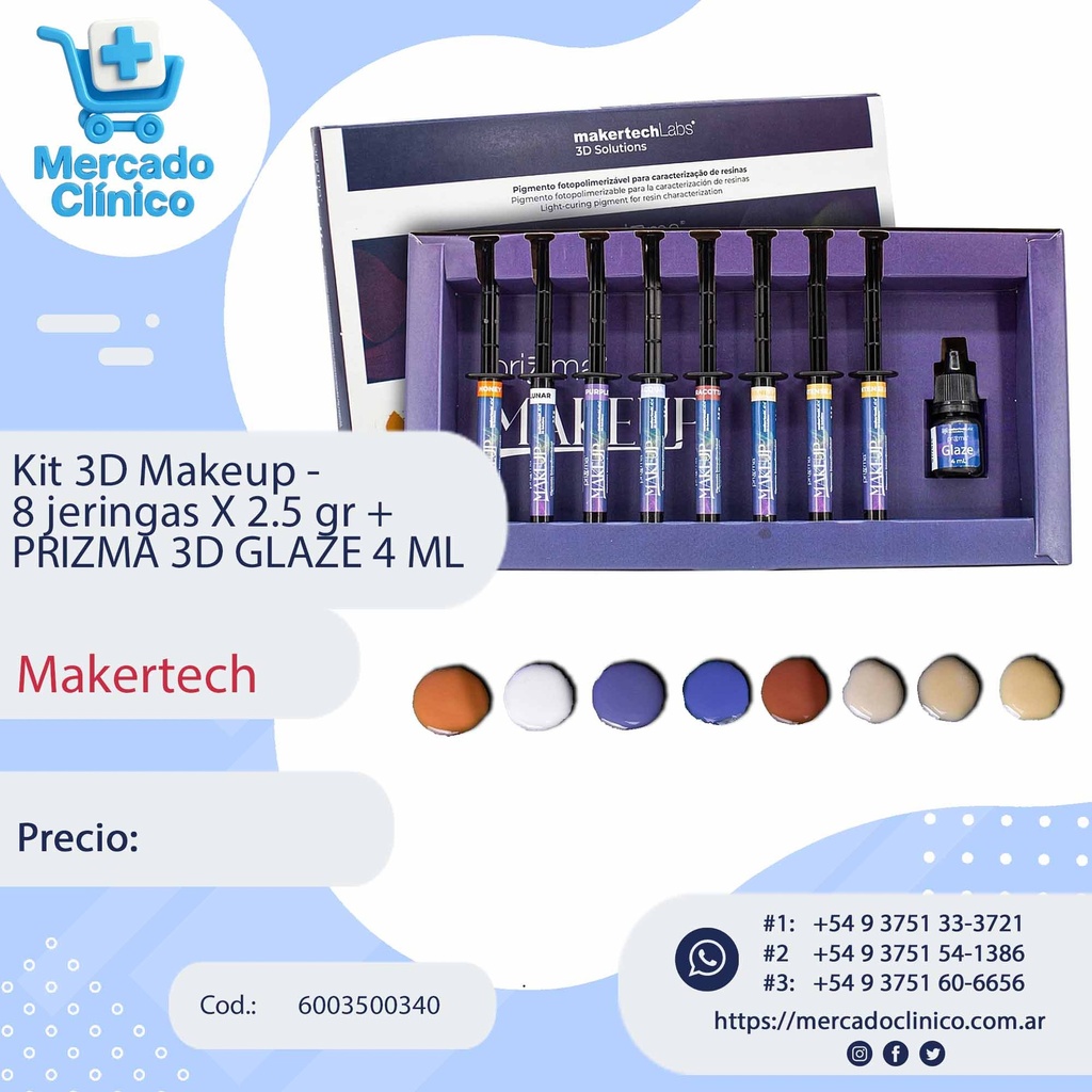 Kit 3D Makeup - 8 jeringas X 2.5 gr + PRIZMA 3D GLAZE 4 ML - Makertech