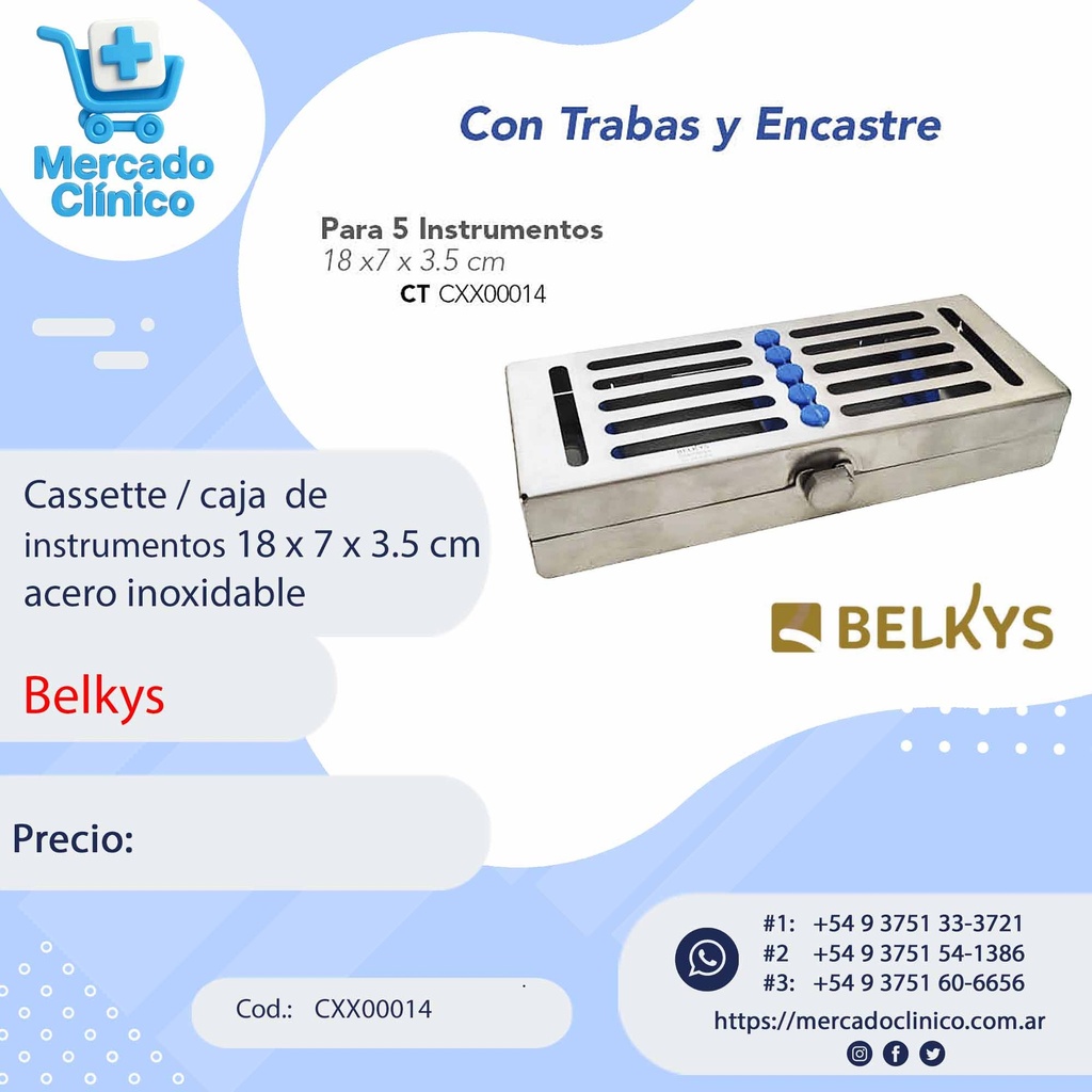Cassette / caja  de  instrumentos 18 x 7 x 3.5 cm  acero inoxidable - Belkys