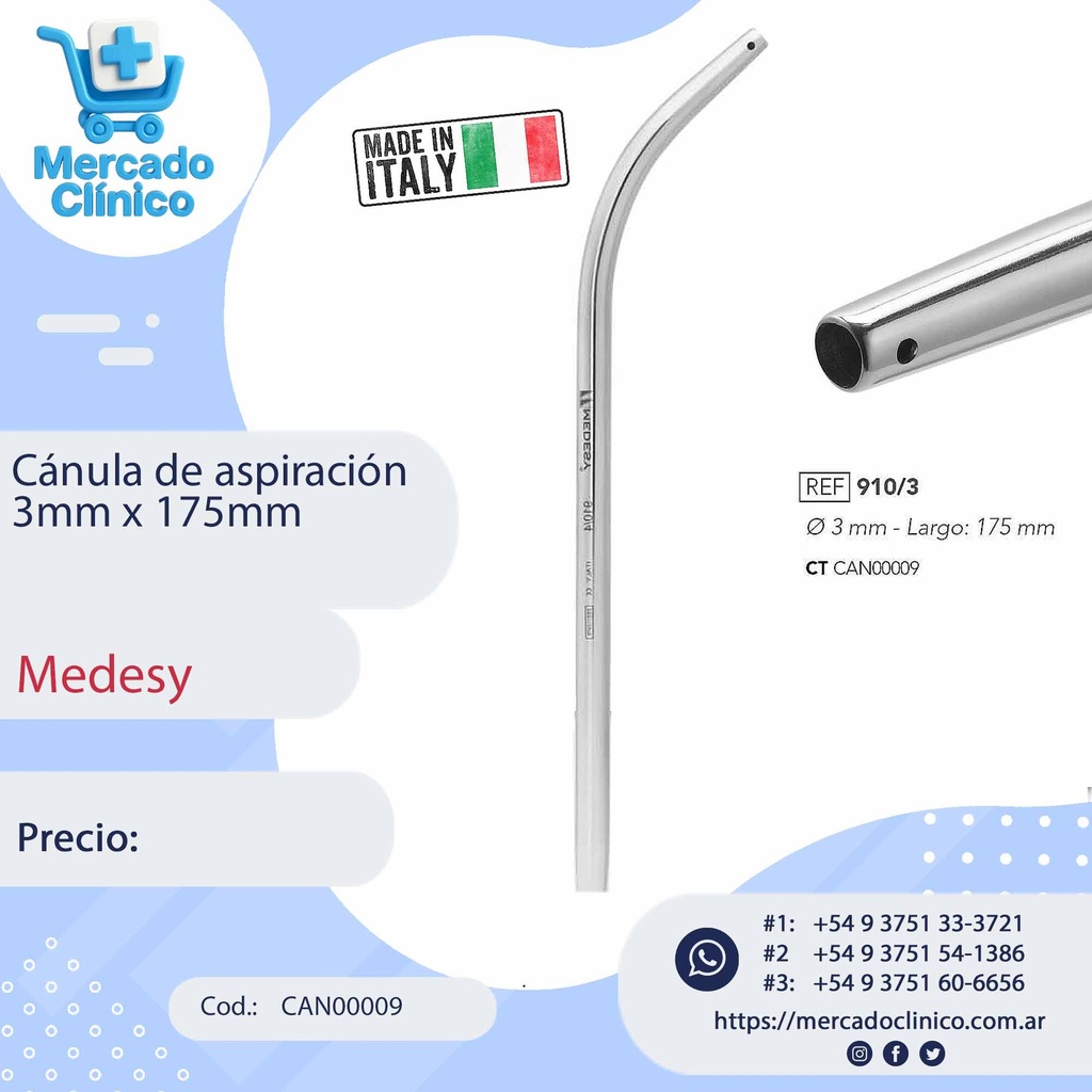 Cánula de aspiración 3mm x 175mm - Medesy