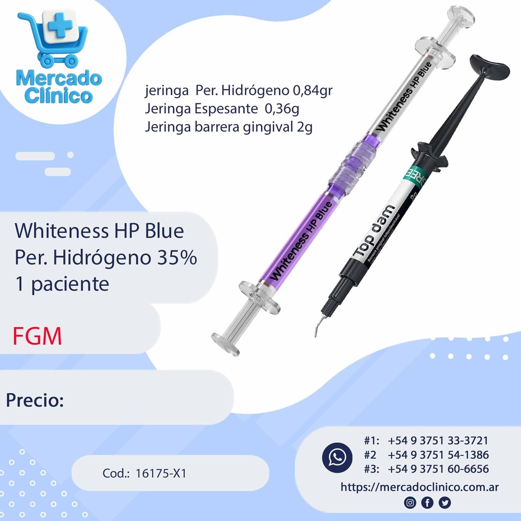 Blanqueador  Whiteness HP blue - Peróxido Hidrógeno 35% - 1 paciente  - Consultorio - FGM