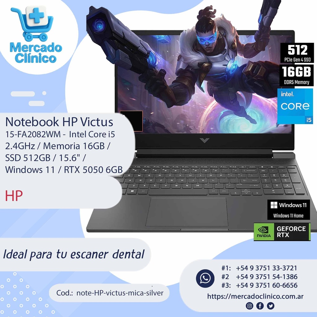 Notebook Gamer HP Victus 15-FA2082WM 15.6" Intel Core i5-13420H RTX4050 6 GB 512 SSD - Mica Silver - HP