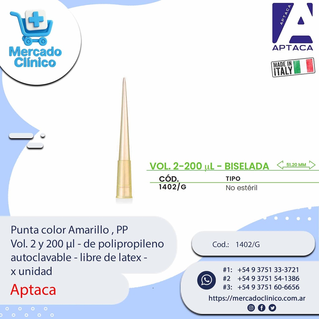 Punta color Amarilla , PP Vol. 2 y 200 µl - de polipropileno autoclavable - libre de latex - x unidad - Aptaca