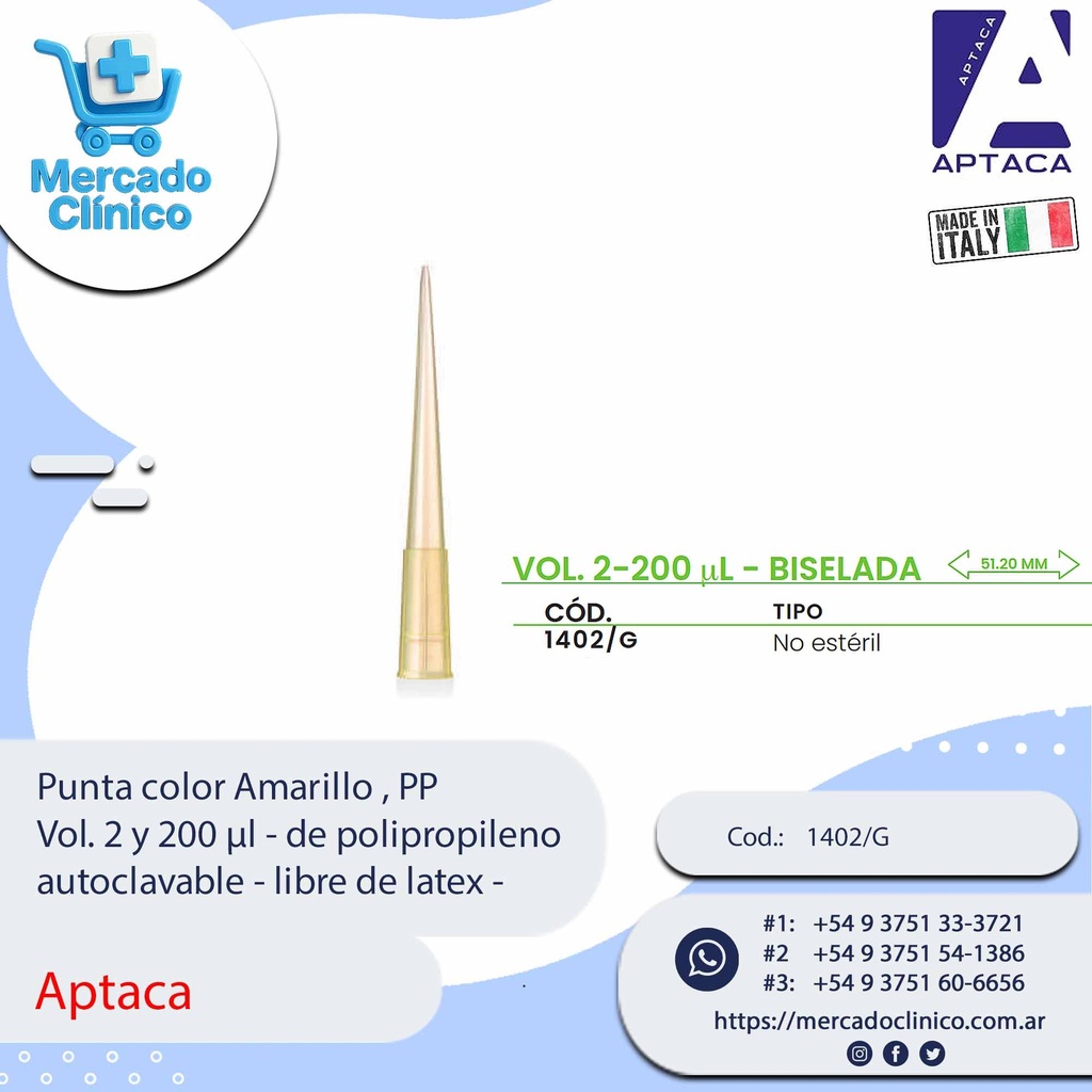 Punta color Amarilla , PP Vol. 2 y 20o µl - de polipropileno autoclavable - libre de latex - Aptaca
