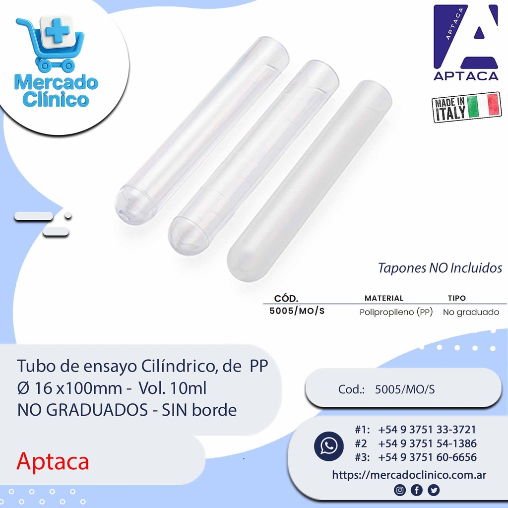 Tubo de ensayo Cilíndrico, de  PP  Ø 16 x100mm -  Vol. 10ml  NO GRADUADOS - SIN borde - Aptaca