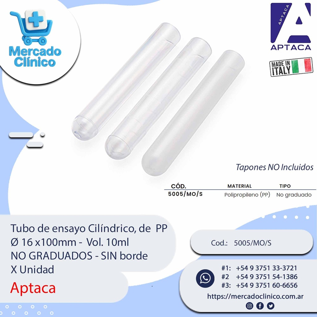 Tubo de ensayo Cilíndrico, de  PP  Ø 16 x100mm -  Vol. 10ml  NO GRADUADOS - SIN borde X Unidad - Aptaca