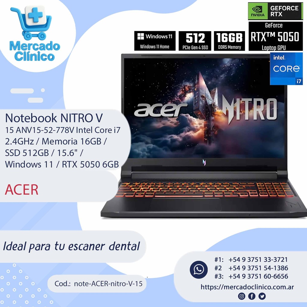 Notebook Nitro V 15 ANV15-52-778V Intel Core i7 2.4GHz / Memória 16GB / SSD 512GB / 15.6" / Windows 11 / RTX 5050 6GB - Acer 
