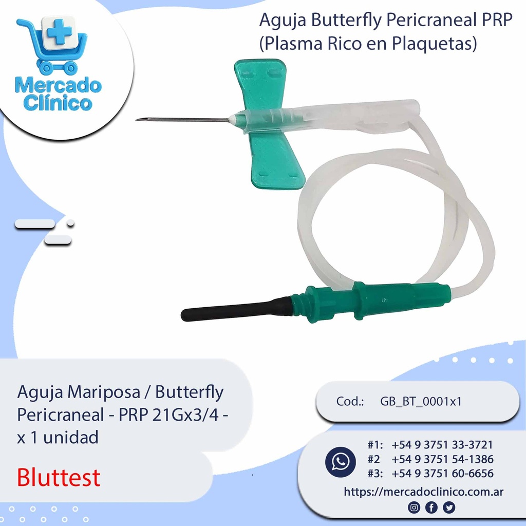 Aguja Mariposa / Butterfly  Pericraneal - PRP 21Gx3/4 -  x 1 unidad - Bluttest
