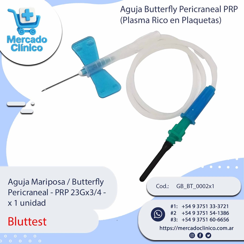 Aguja Mariposa / Butterfly  Pericraneal - PRP 23Gx3/4 -  x 1 unidad - Bluttest