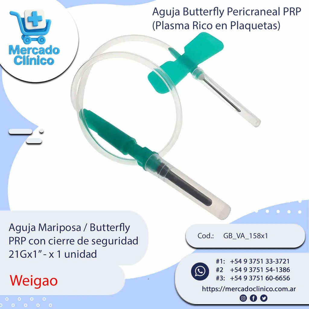 Aguja Mariposa / Butterfly  PRP con cierre de seguridad 21Gx1” - x 1 unidad - Weigao