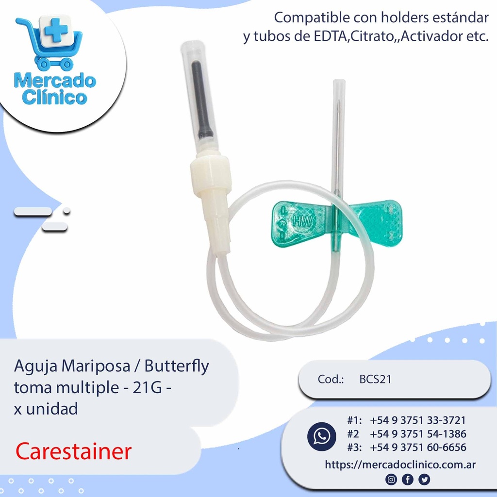 Aguja Mariposa / Butterfly  toma multiple - 21G - x unidad - Carestainer