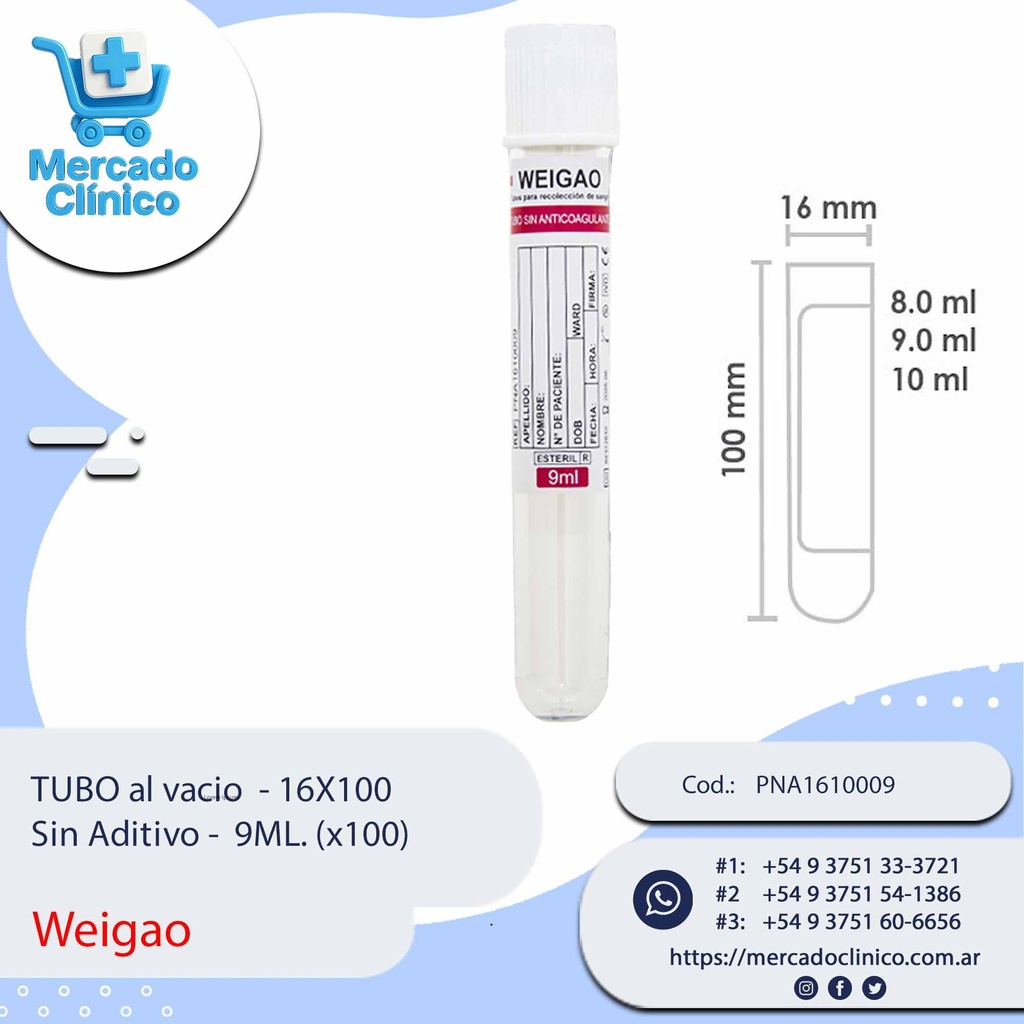 TUBO al vacio  - 13X100mm - Sin Aditivo -  5ML -  Gradilla x 100 unidades - Weigao