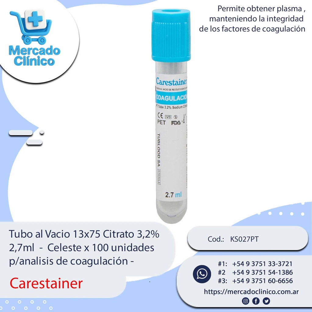 Tubo al Vacio 13x75 Citrato 3,2% 2,7ml  -  Celeste x 100 unidades p/analisis de coagulación - Carestainer
