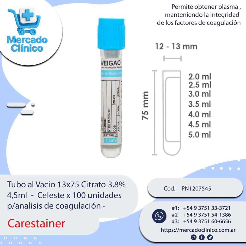 Tubo al Vacio 13x75 Citrato 3,8%  4,5ml  -  Celeste x 100 unidades  p/analisis de coagulación - Carestainer