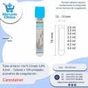 Tubo al Vacio 13x75 Citrato 3,8%  4,5ml  -  Celeste x 100 unidades  p/analisis de coagulación - Carestainer