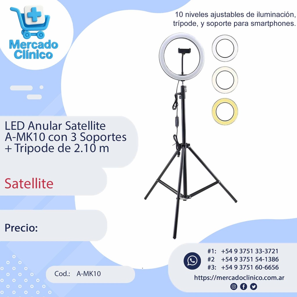 LED Anular Satellite A-MK10 con 3 Soportes + Tripode de 2.10 m - Satellite