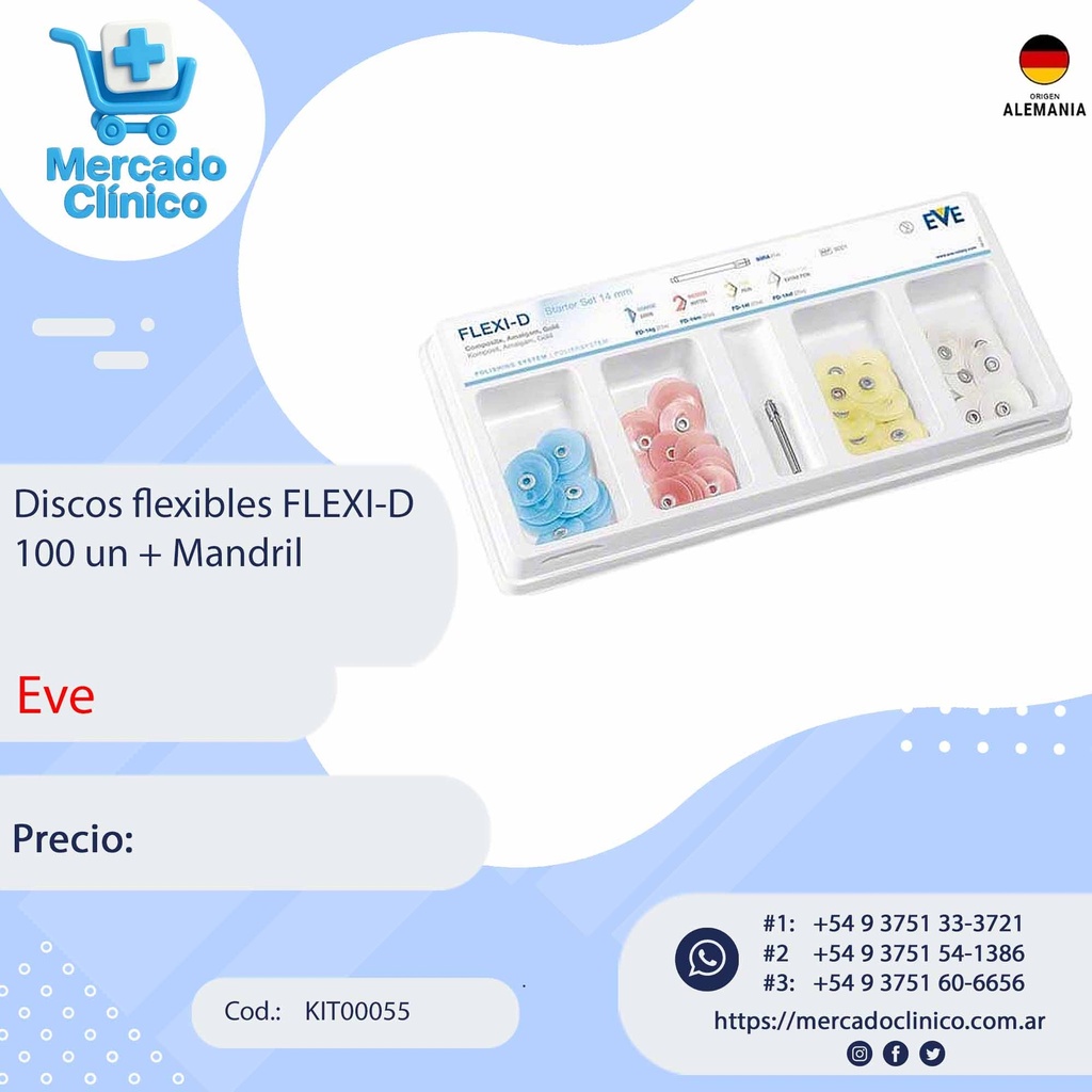 Discos flexibles FLEXI-D p/ pulido y acabado de composite, metal, porcelana x 100 con mandril - EVE
