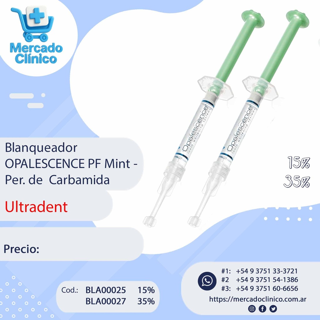 Blanqueador   OPALESCENCE PF Mint -  Per. de  Carbamida - 2 unidades - Ultradent