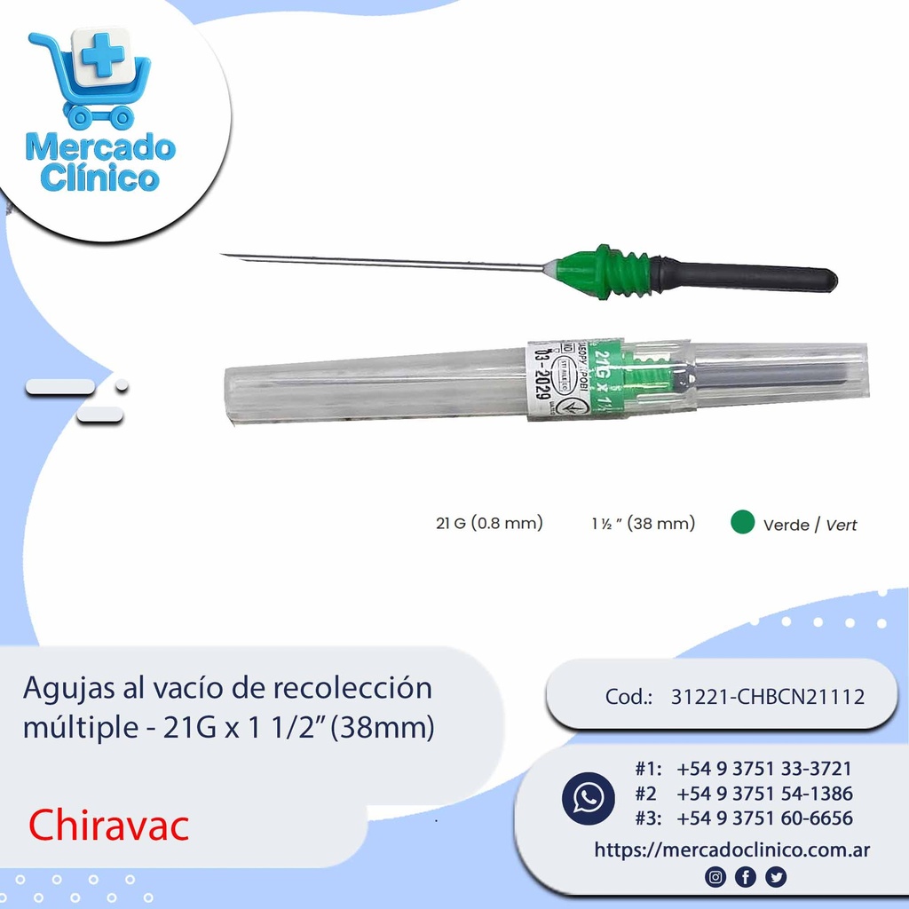 Agujas al vacío de recolección múltiple - 21G x 1 1/2” (38mm) - Chiravac