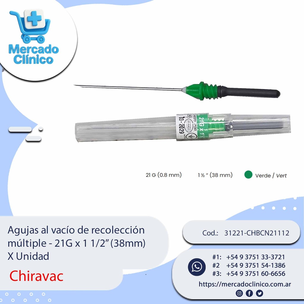 Agujas al vacío de recolección múltiple - 21G x 1 1/2” (38mm) - X Unidad - Chiravac