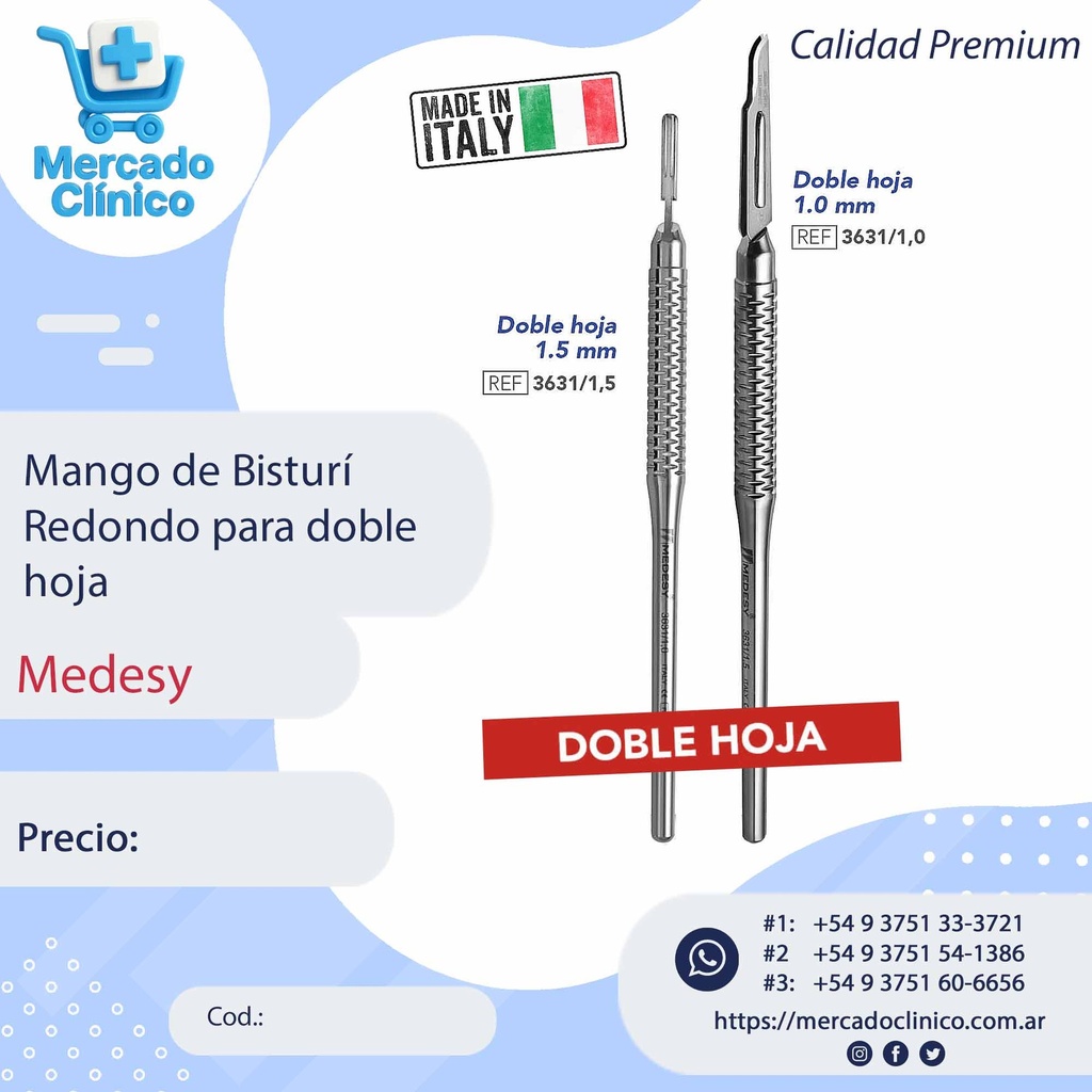 Mango de Bisturí  Redondo para doble  hoja - Medesy 