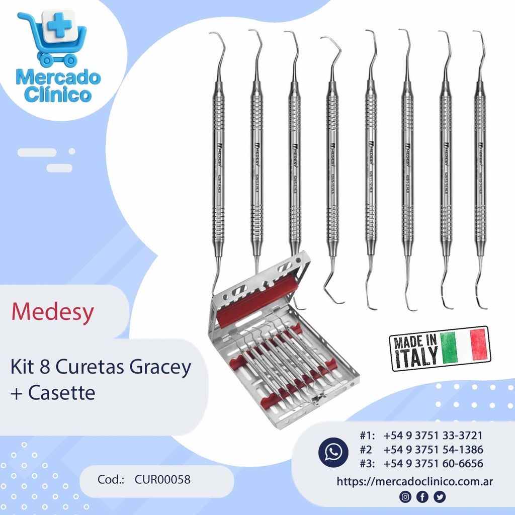 kit 8 Curetas de Gracey + Casette - Medesy