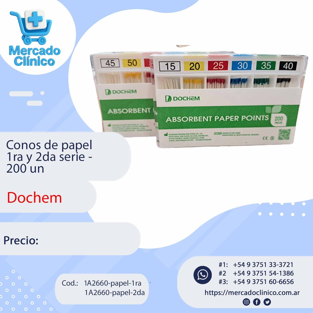 Conos de endodoncia de papel, milimetrados, absorbentes x 200 un - Diadent (copia)