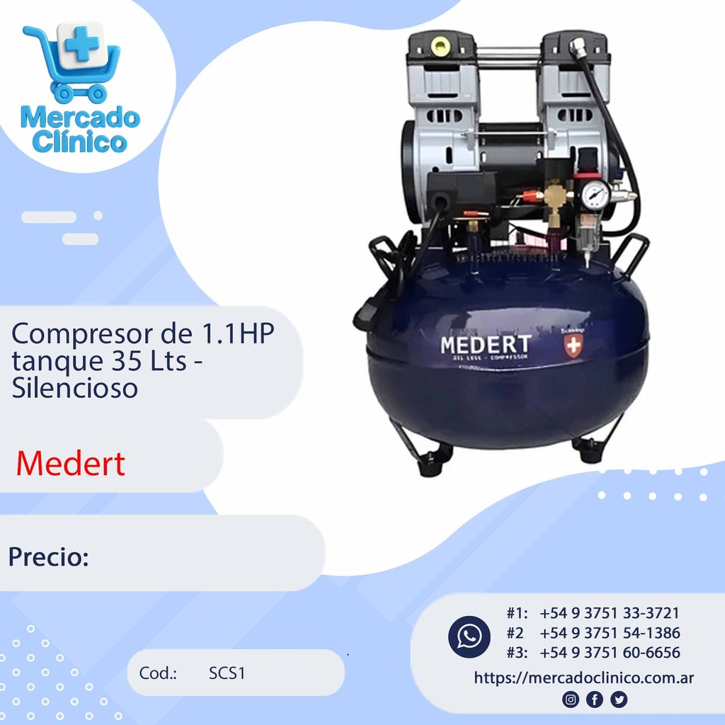 Compresor 1.1HP 35 Litros - Silencioso - Medert