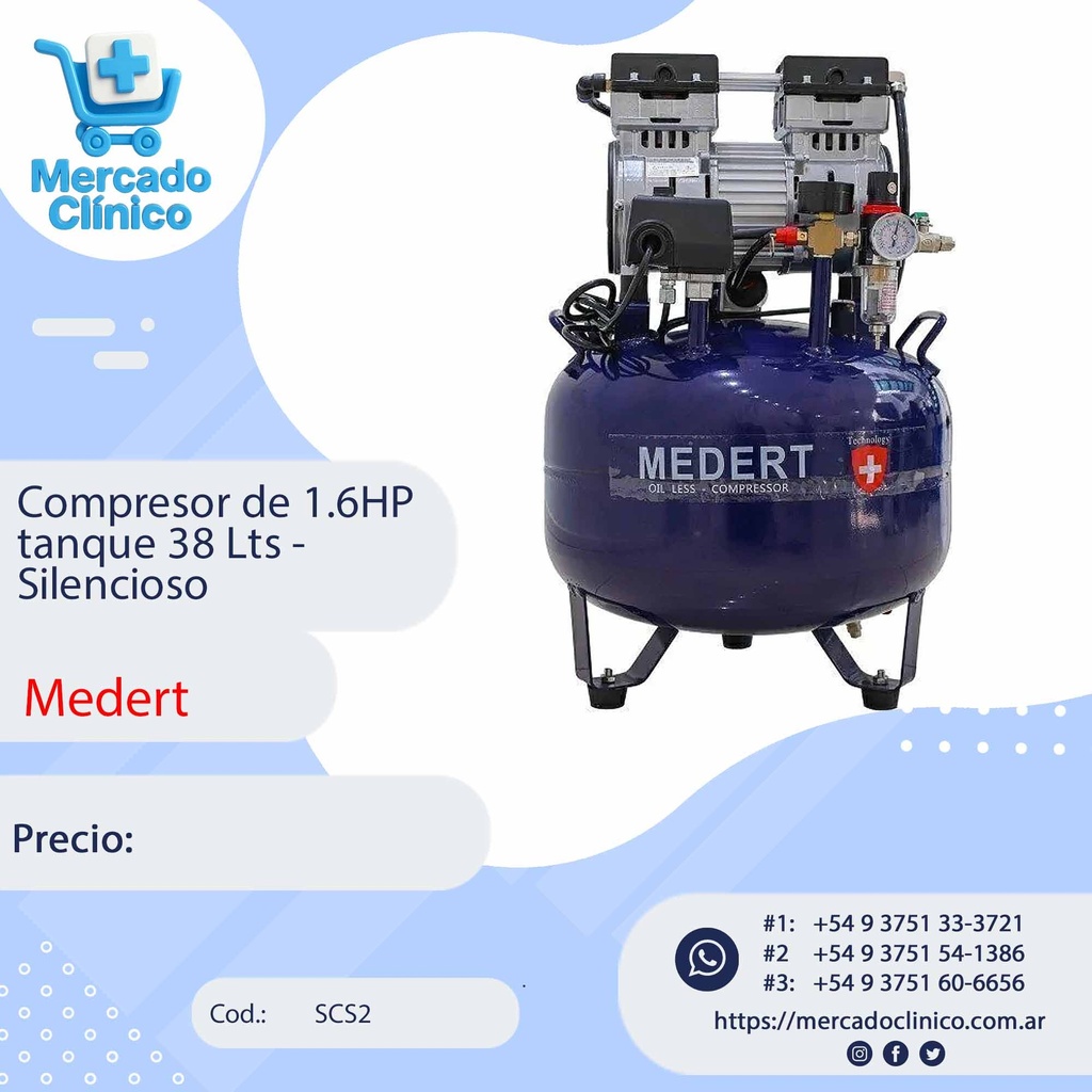 Compresor 1.6HP 38 Litros - Silencioso - Medert 