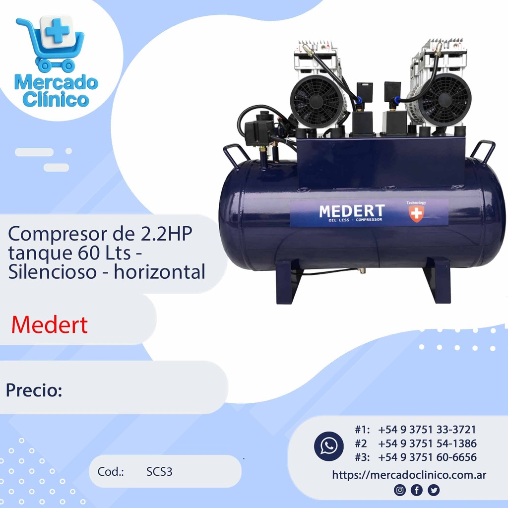 Compresor 2.2HP 60 Litros - Silencioso - Medert