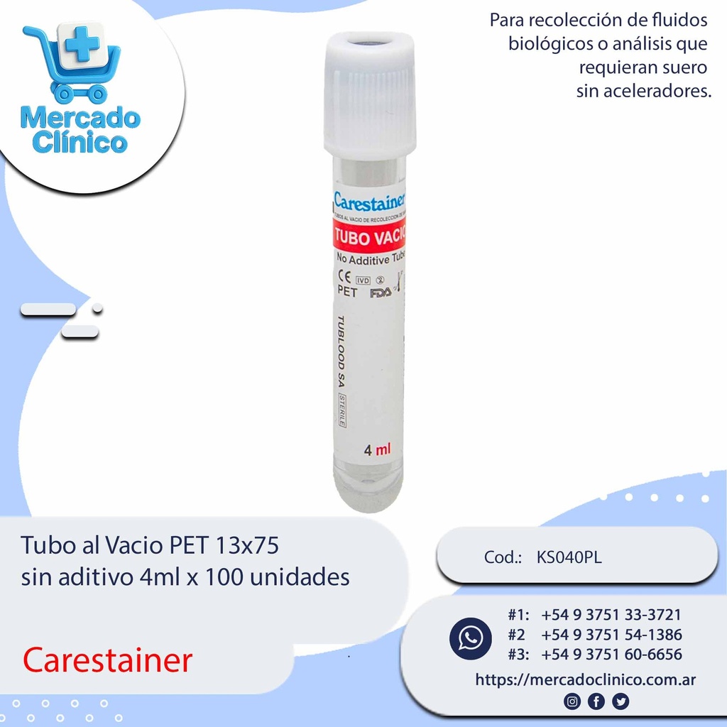 Tubo al Vacio PET 13x75 sin aditivo 4ml x 100 unidades - Carestainer 