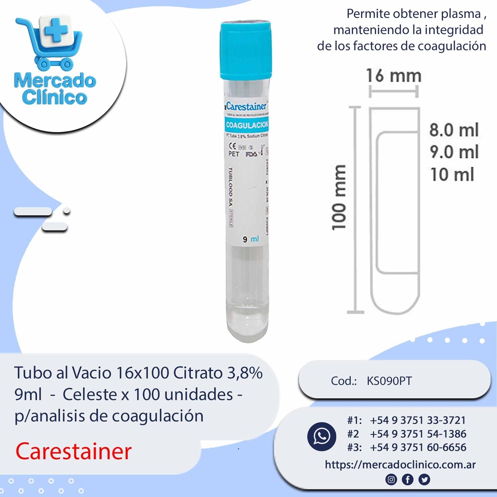 Tubo al Vacio 16x100 Citrato 3,8%  9ml  -  Celeste x 100 unidades  p/analisis de coagulación - Carestainer