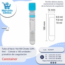 Tubo al Vacio 16x100 Citrato 3,8%  9ml  -  Celeste x 100 unidades  p/analisis de coagulación - Carestainer