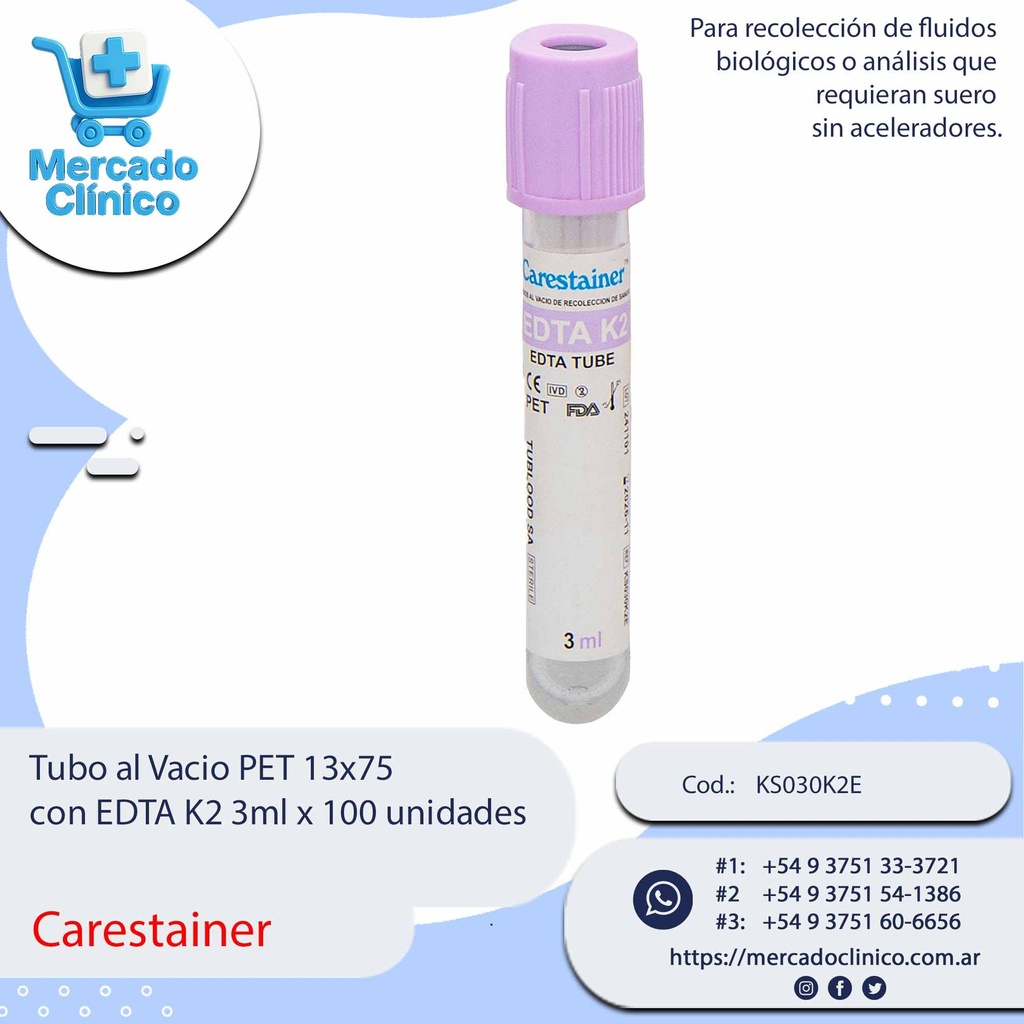 Tubo al Vacio PET 13x75 con EDTA K2  3ml - Violeta  x 100 unidades - Carestainer