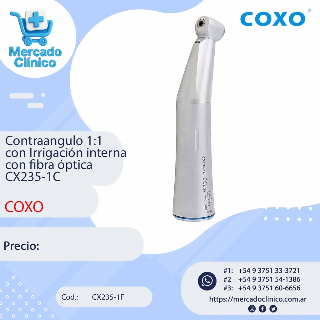 Contraangulo 1:1 con Irrigación interna con fibra óptica  CX235-1C  - Coxo